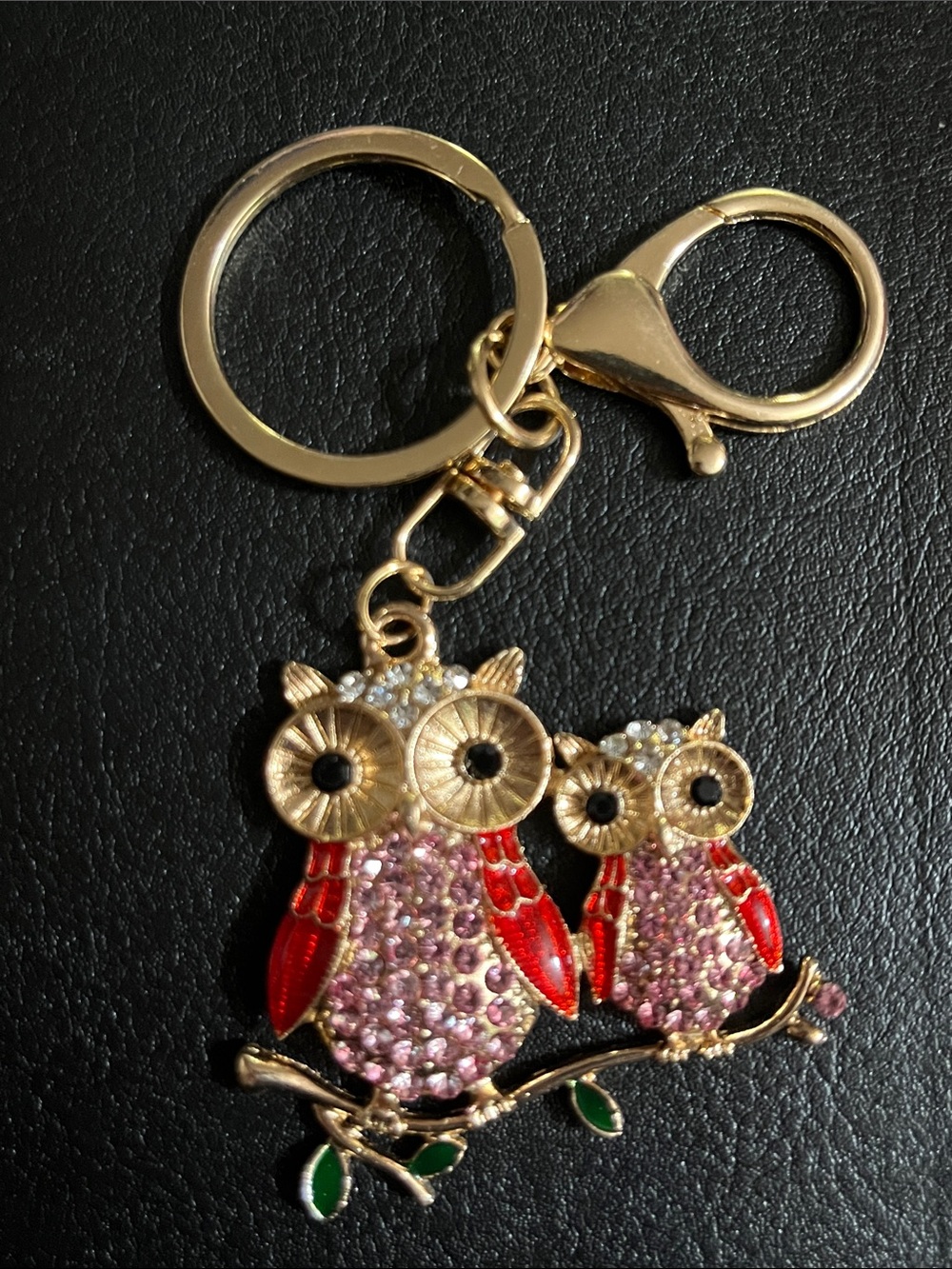 Gold-Tone Pink & Red Owl Keychain Charm